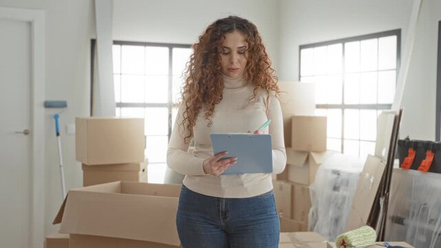 Woman holding tablet and writing with pen while checking moving boxes and clipboard notes in a building; focused planning.