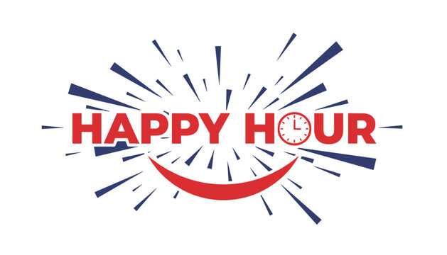 Minimalist happy hour banner design with a bold red font and radiating firework lines centered on a clean white space background.