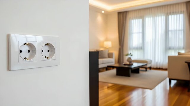 Clean modern double electrical wall socket installed on a white interior partition wall with a blurred contemporary living room design visible in the soft background area