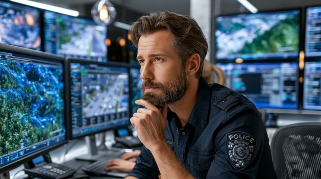 Police officer analyzes AI traffic data in command center with multiple screens and law enforcement technology Generative AI