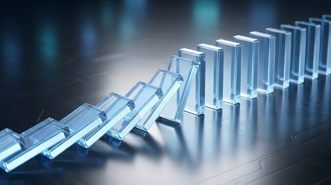 Falling transparent glass dominoes on a circuit board background representing technological disruption system failure or risk management cascade.