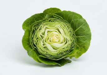 Obraz premium Crisp green iceberg lettuce head isolated on a solid white surface, highlighting natural texture and fresh layers for healthy meal concepts, minimalist, cooking, farm
