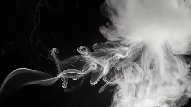 A swirling cloud of white smoke rises against a deep black background