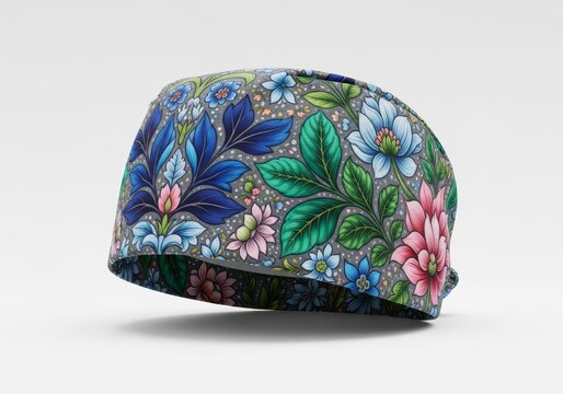 Elegant gray medical nurse cap featuring intricate floral botanical patterns, isolated on a clean white background in a minimalist style, style, elegant, isolated