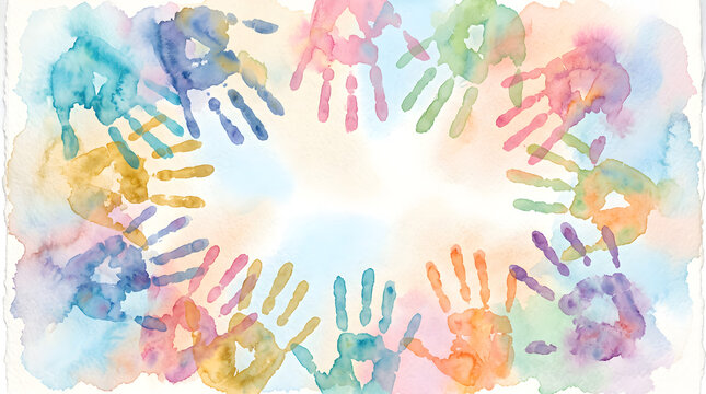 Watercolor handprints circular frame on white background