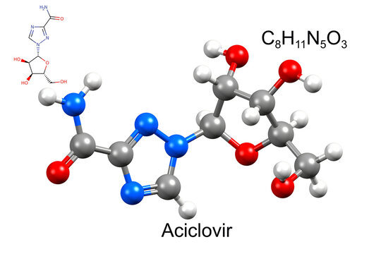 Structure of aciclovir, an antiviral drug for herpes. Chemical formula, structural formula, and 3D ball-and-stick model