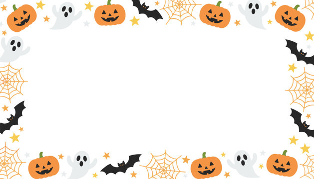 Halloween decorative frame featuring orange smiling pumpkins white ghosts black bats and golden stars on white backdrop.