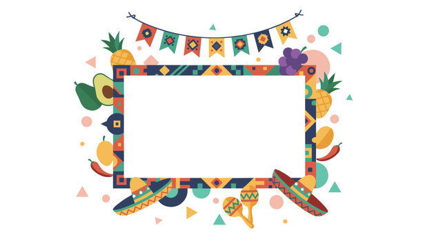 Decorative rectangular frame surrounded by Mexican fiesta items including avocados, fruit, maracas, and colorful pennants.