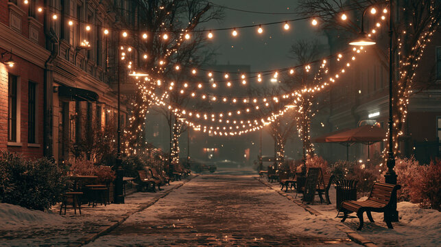 Paris France Europe lifestyle. A nighttime urban scene depicts a cobblestone street lined with brick buildings on both sides. String lights strung across the street illuminate the scene.