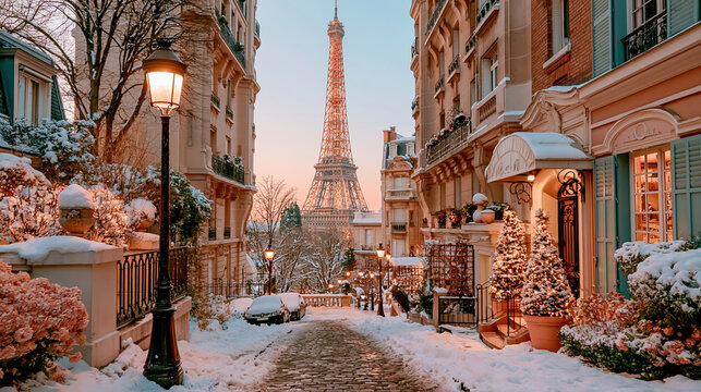 Paris France Europe lifestyle. A vivid portrayal of a Parisian street during winter, with the Eiffel Tower in the background. The scene is illuminated by warm, golden light.