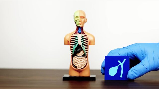 A doctor's hand displays a bucket with a gallbladder icon next to an anatomical model. Concept for raising awareness about cholelithiasis and gallbladder disease prevention. Isolated. Slow motion.