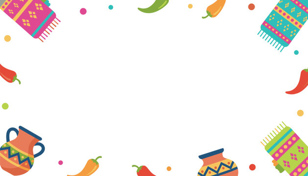 Mexican handicraft elements including clay pottery, woven blankets, and colorful chili peppers framing a central white space.