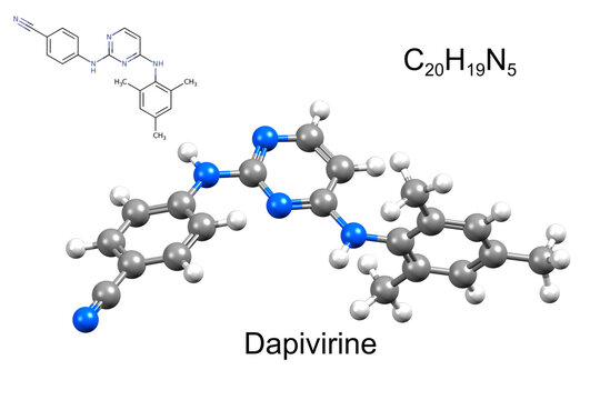 Structure of dapivirine, an antiretroviral medication. Chemical formula, structural formula, and 3D ball-and-stick model