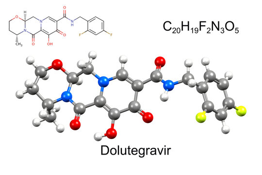 Structure of dolutegravir, an antiretroviral medication. Chemical formula, structural formula, and 3D ball-and-stick model
