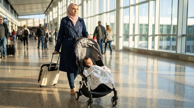 Muslim mother with stroller and suitcase in bright airport terminal