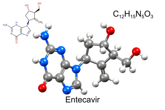 Structure of entecavir, an antiviral medication for hepatitis B. Chemical formula, structural formula, and 3D ball-and-stick model
