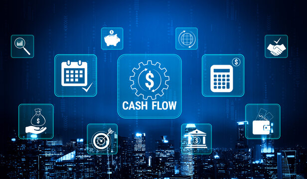 Modern Financial Technology Concept for Cash Flow Management with Digital Icons Illustrating Banking, Investment, Budgeting, and Analytics in Night Cityscape. Glyphic.