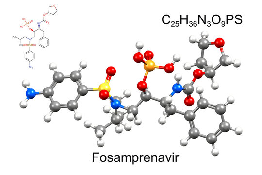 Structure of fosamprenavir, an antiretroviral medication. Chemical formula, structural formula, and 3D ball-and-stick model