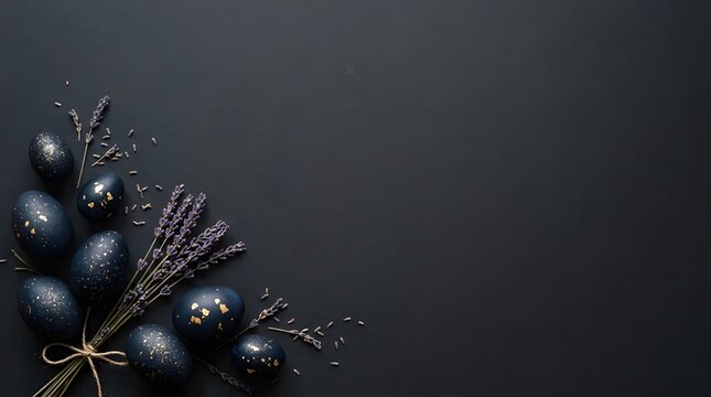 Elegant dark blue easter eggs with gold speckles and lavender on black background