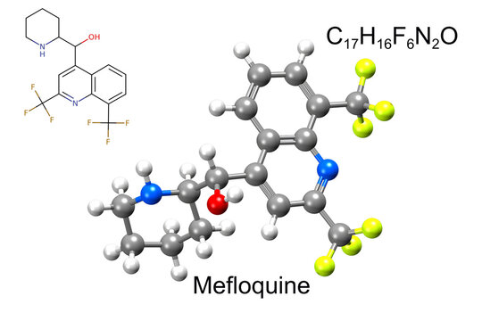 Structure of antimalarial medication melfoquine. Chemical formula, structural formula, and 3D ball-and-stick model