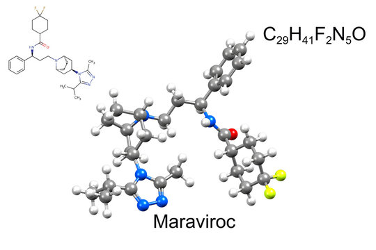 Structure of maraviroc, an antiretroviral medication. Chemical formula, structural formula, and 3D ball-and-stick model