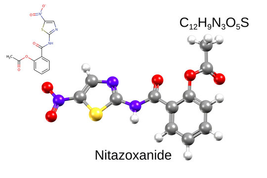 Structure of antiprotozoal medication nitazoxanide. Chemical formula, structural formula, and 3D ball-and-stick model