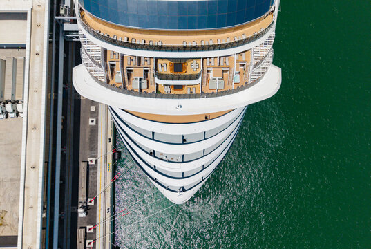 Cruise ship tour and travel at sea. Aerial view of luxury liner voyage. Ship top view. Luxury liner resort. Cruise ship voyage. Exploring the world. Aerial top view of cruise in summer vacation