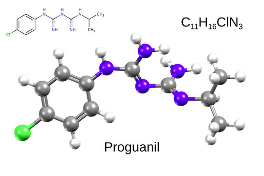 Structure of antimalarial medication proguanil. Chemical formula, structural formula, and 3D ball-and-stick model