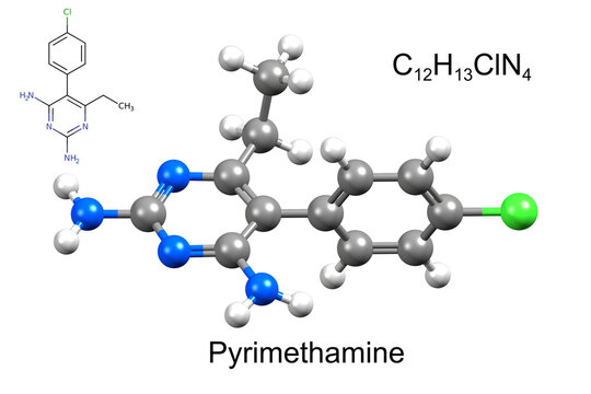 Structure of antiparasitic medication pyrimethamine primarily used to treat toxoplasmosis and cystoisosporiasis. Chemical formula, structural formula, and 3D ball-and-stick model