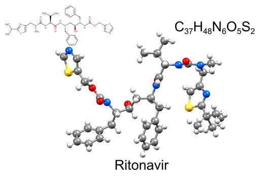 Structure of ritonavir, an antiretroviral medication. Chemical formula, structural formula, and 3D ball-and-stick model