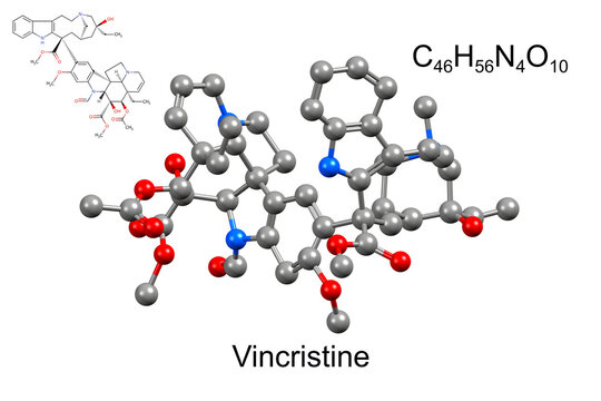 Structure of vincristine, a chemotherapy medication derived from the Madagascar periwinkle plant. Chemical formula, structural formula, and 3D ball-and-stick model