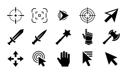 Gaming cursor icon set with 15 black vector elements, fantasy RPG weapon cursors and crosshair symbols, medieval game UI assets © MdMahmudulHasan