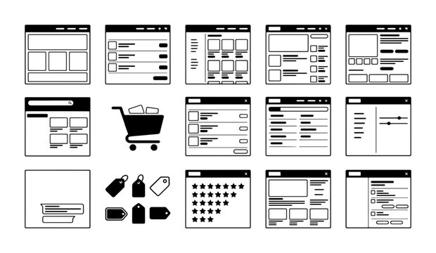 Minimalist website wireframe icons, ecommerce landing page layouts, black and white UI UX design elements, web interface prototypes for online store