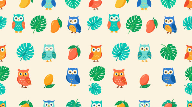 Colorful collection of cartoon owls and tropical leaves with mangoes illustrating a playful and vibrant nature-inspired pattern
