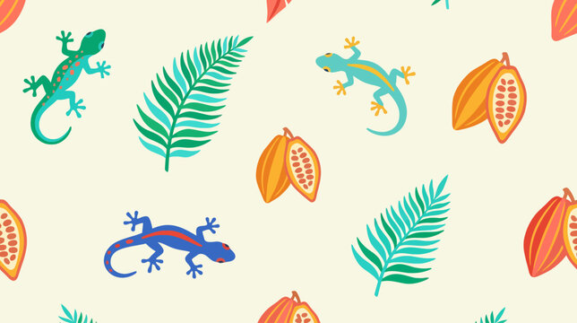 Vibrant tropical pattern featuring geckos, palm leaves, and exotic fruits in a lively design