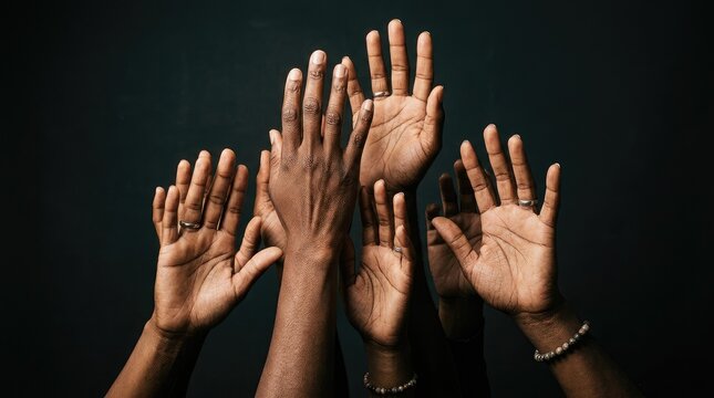 Diverse hands raised against a dark studio background.