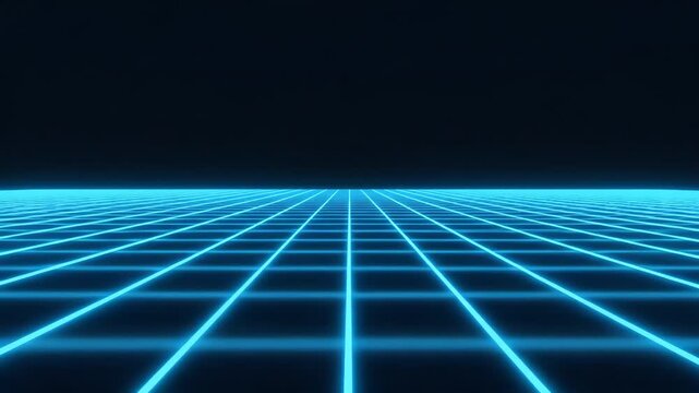 Synthwave grid with neon blue lines on a dark, infinite plane fading in the distance