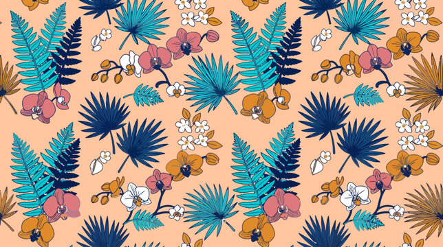 Vibrant tropical floral pattern with a diverse mix of colorful leaves and blossoms on a peach background creating lively
