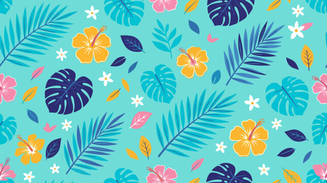 Bright tropical floral pattern with colorful hibiscus and various leafy elements on a vibrant blue background