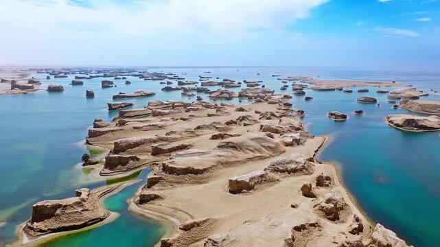 Aerial drone shot of water yardang landforms surrounded by turquoise water in the Qaidam Basin, Qinghai, China