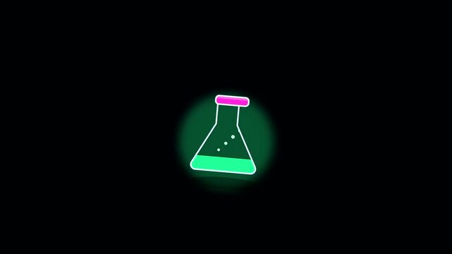 Minimalist glowing glass flask icons illustrating university life through interdisciplinary research depicted with vibrant neon green liquid and soft circular lighting effects on black background