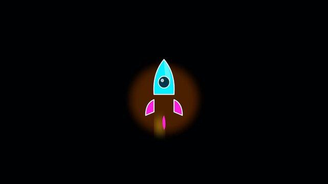 Minimalist rocket animation sequence showing university life through interdisciplinary research with bright blue symbols rising against a dark void while glowing orange orbs pulsate behind