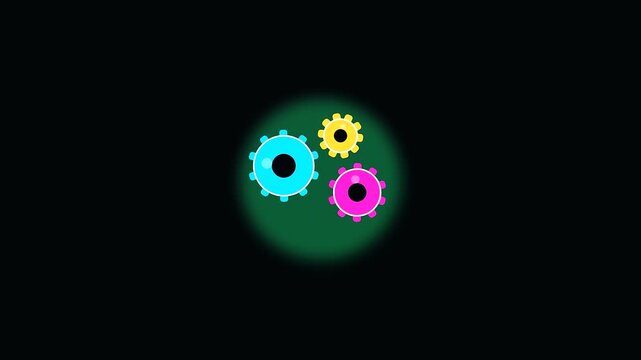 Three colorful spinning cogs rotate in a dark space showcasing university life and interdisciplinary research while representing mechanical motion and simple flat vector design elements