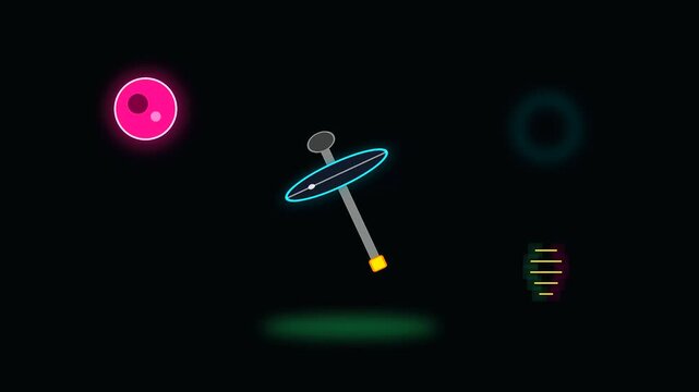 a glowing orb suspended above a floating circular ring represents university life and interdisciplinary research within this abstract digital animation loop on a dark screen