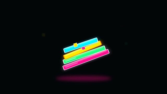 Neon illuminated blocks stack upwards representing university life as an interdisciplinary research project that evolves through vibrant glowing geometric layers of digital information display modules