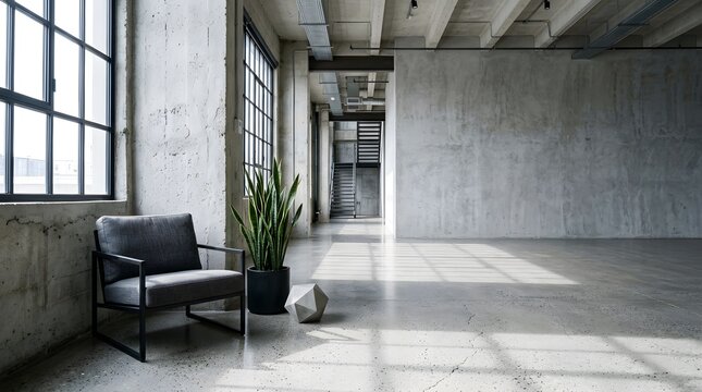 Modern industrial loft interior with concrete walls and minimalist furniture