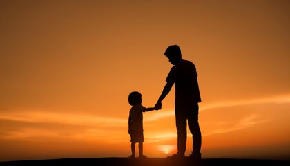 Fototapeta premium Silhouette of a man and little boy holding hands at sunset with vibrant orange sky