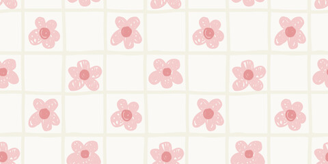 Seamless background pattern with hand drawn cute pink flower grid and pastel checkered squares  © Little Joy Designs