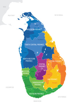 Map of the Sri Lanka with administrative divisions of the country into 9 provinces and districts, detailed vector illustration