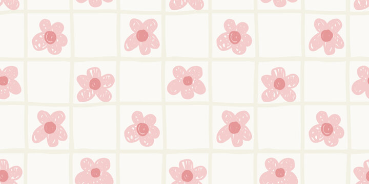 Seamless background pattern with hand drawn cute pink flower grid and pastel checkered squares
